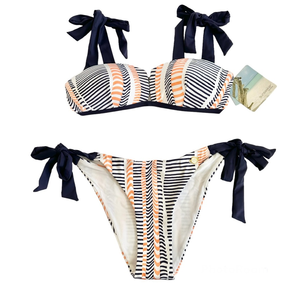 Sunseeker Printed Molded Cups Adjustable Tie Bikini White Blue Orange Size 6 NWT